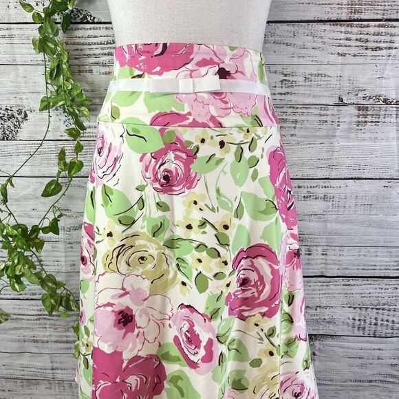 Spiegel Skirt size 14 Pink Green Floral Rose Knee A Line Stretch Wedding Modest - Picture 2 of 11
